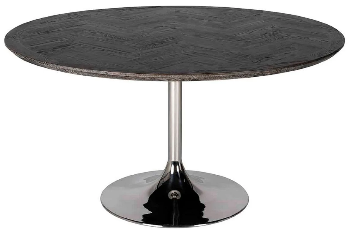 Luxury dining table black / silver Ø 140 x H. 75 cm - Round dining room table with oak veneer table top and stainless steel table leg - Luxury dining room furniture