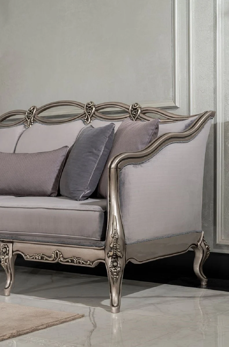 Luxury Baroque Living Room Sofa Gray / Silver - Handmade Baroque Style Sofa with Decorative Pillows - Luxury Living Room Furniture in Baroque Style - Baroque Furniture - Noble & Magnificent