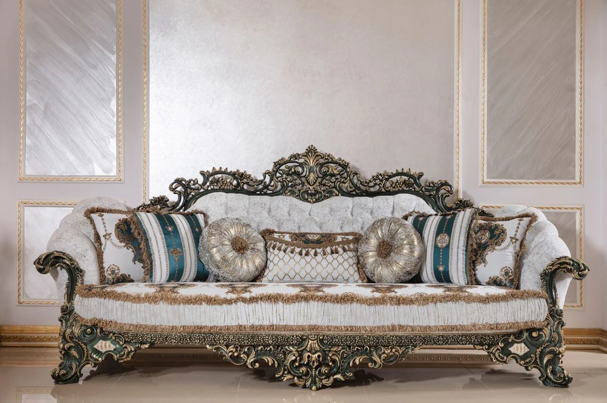 Luxury Baroque Sofa White / Multicolored / Green / Gold - Magnificent Living Room Sofa with Elegant Pattern - Baroque Living Room & Hotel Furniture - Noble & Magnificent