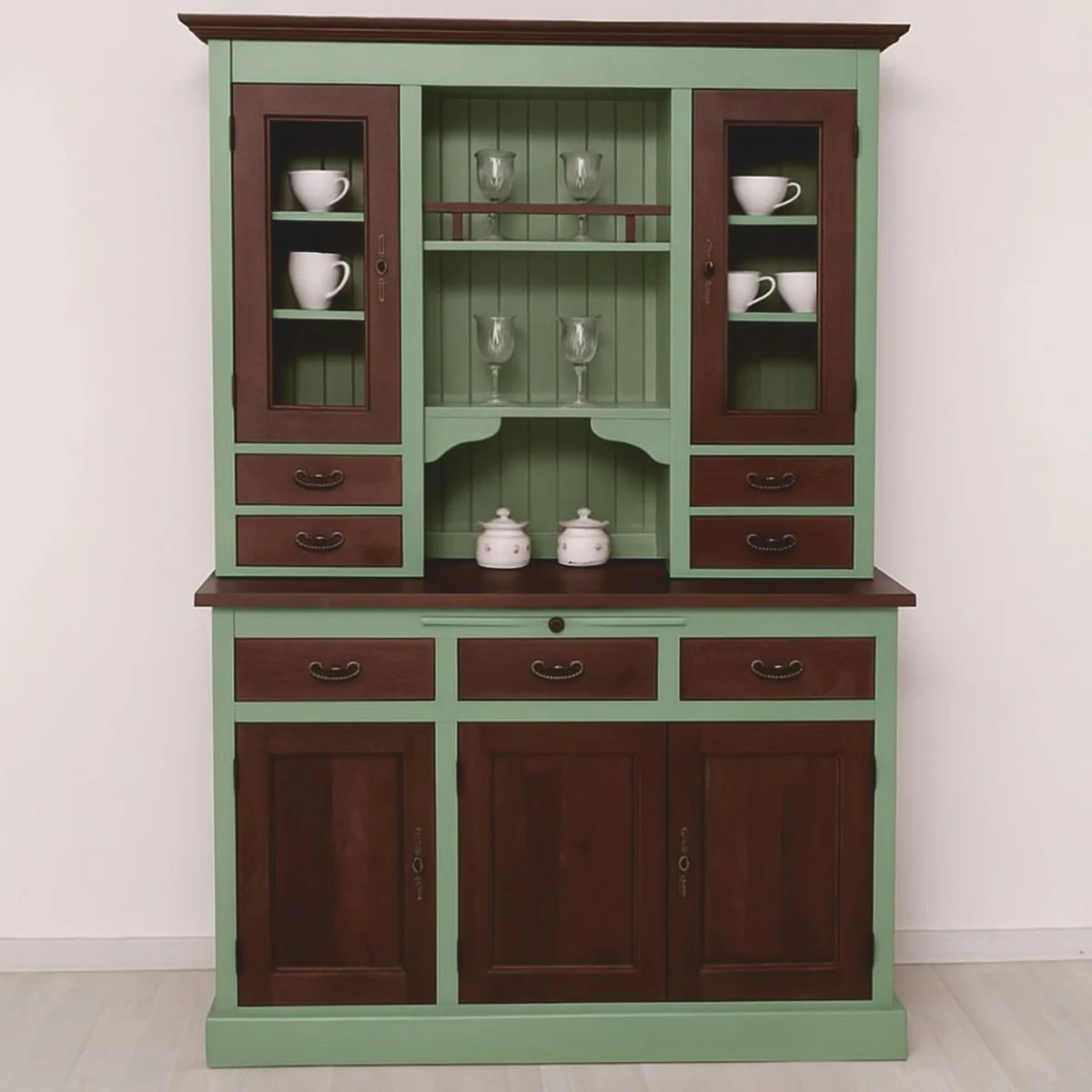 Country house style dining room cabinet light green / dark brown 138 x H. 197 cm
