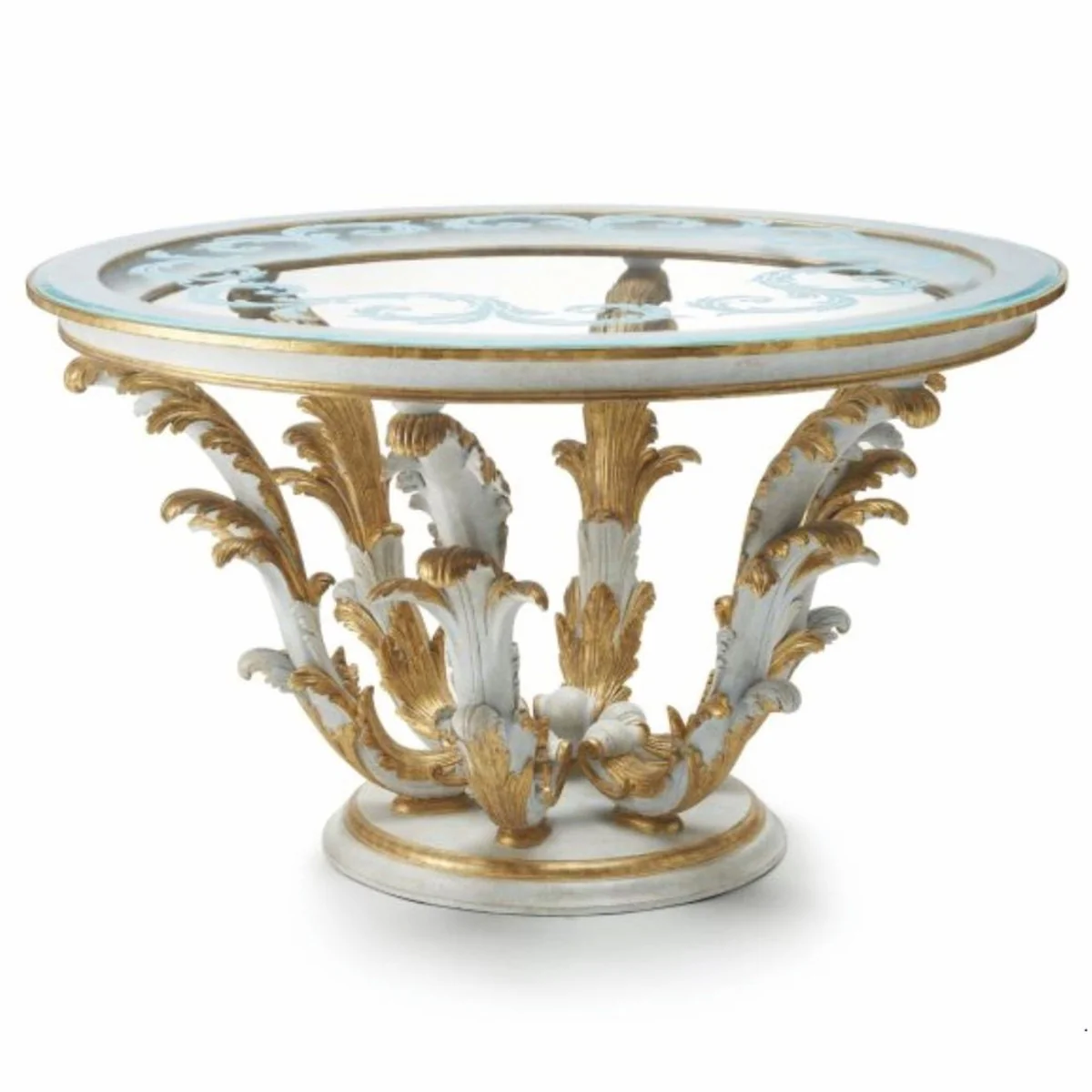 Luxury baroque dining table with glass top white / gold Ø 140 cm - Made in Italy