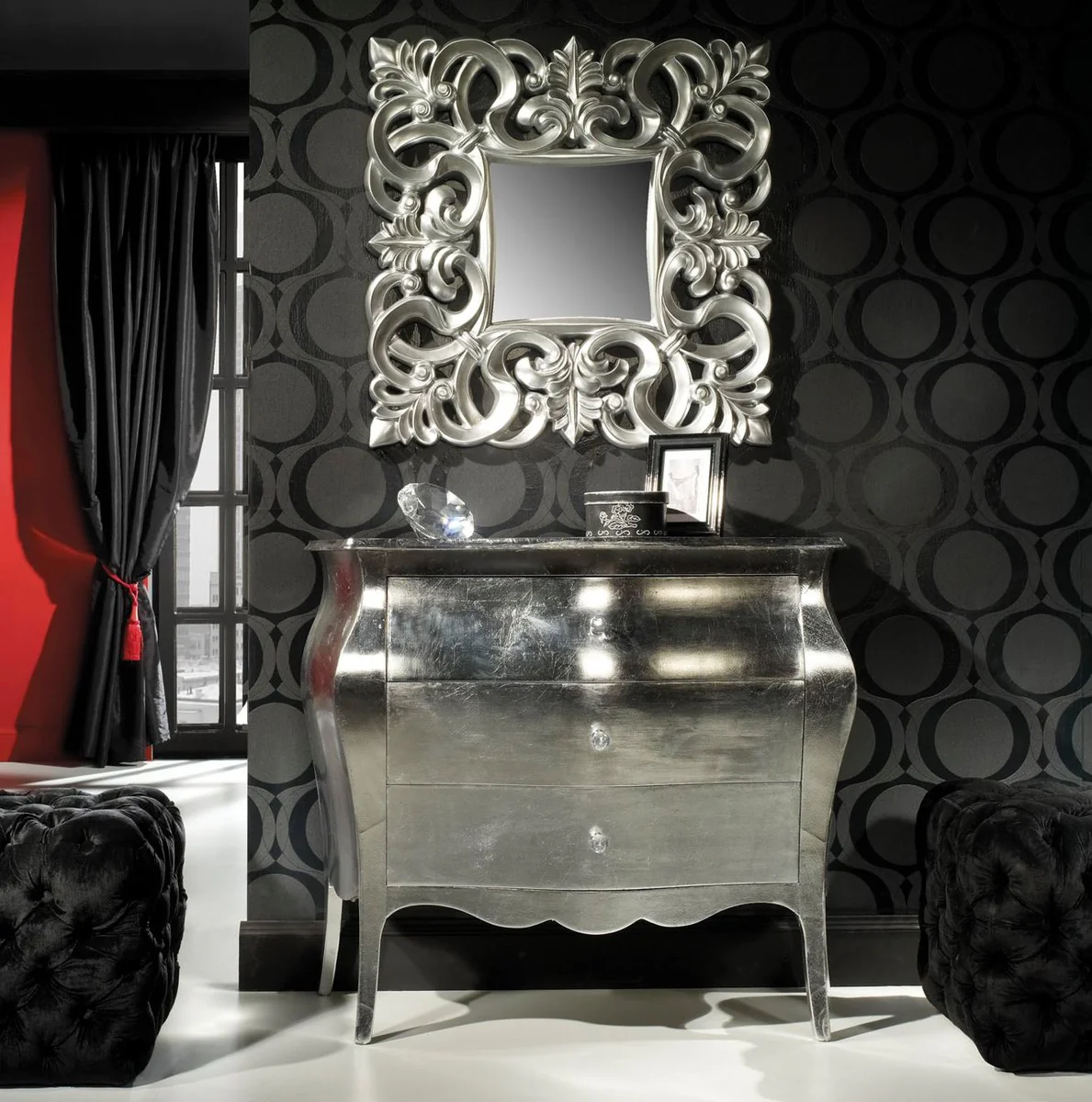 Luxury Baroque chest of drawers silver - Handmade solid wood chest of drawers with 3 drawers - Luxury furniture in the Baroque style - Baroque furniture - Baroque furnishings - Noble & magnificent