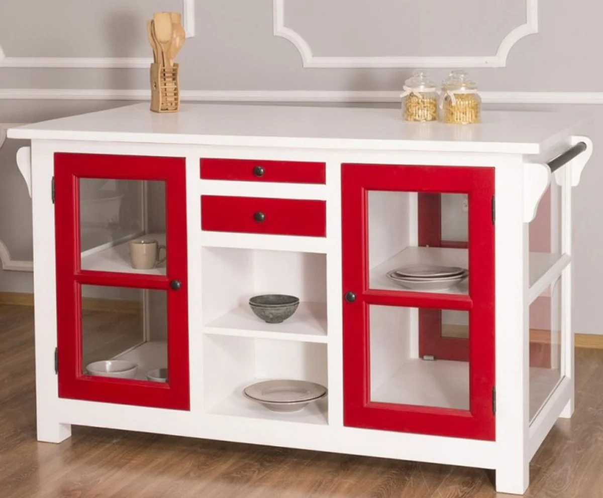 Country house style kitchen island white / red 150 x 90 x H. 90 cm - solid wood kitchen cabinet with 4 glass doors and 4 drawers - country house style kitchen furniture