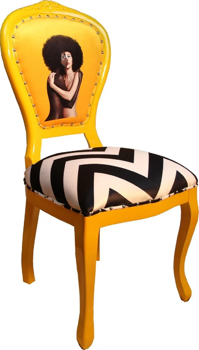 Luxury Baroque dining room set black / white stripes / yellow 55 x 54 x H. 103 cm - 4 handmade designer dining room chairs - Baroque dining room furniture