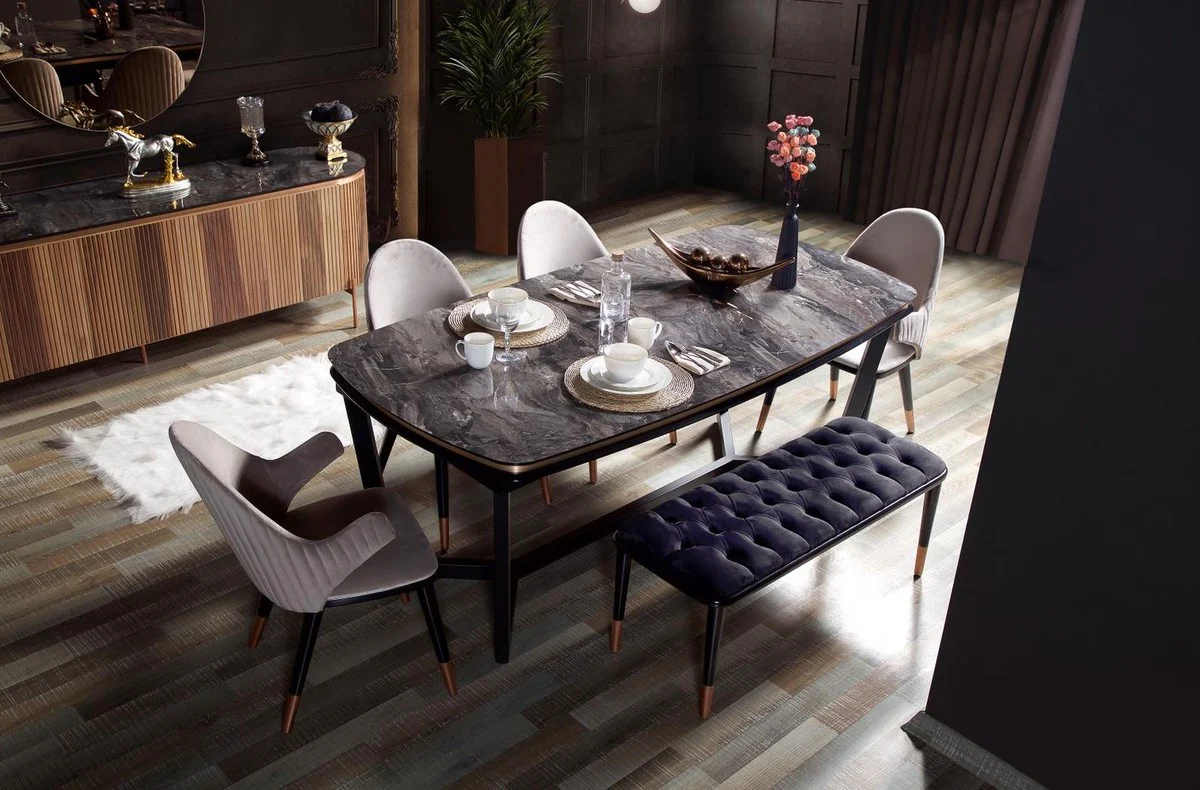 Luxury Dining Room Set Gray / Black / Copper - 1 Dining Room Table & 4 Dining Chairs & 1 Bench - Luxury Dining Room Furniture