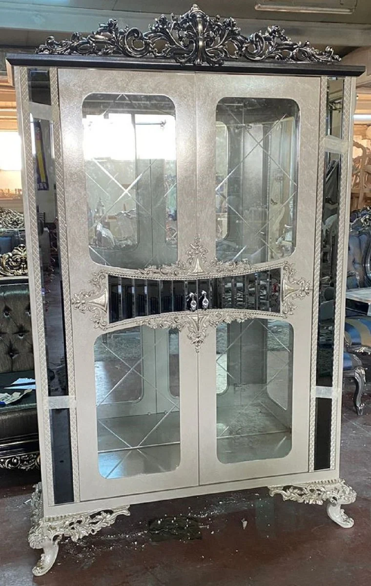 Luxury baroque display cabinet cream / silver / gray / gold - handmade solid wood display cabinet with 2 glass doors - luxury furniture in baroque style - baroque furniture - noble & magnificent