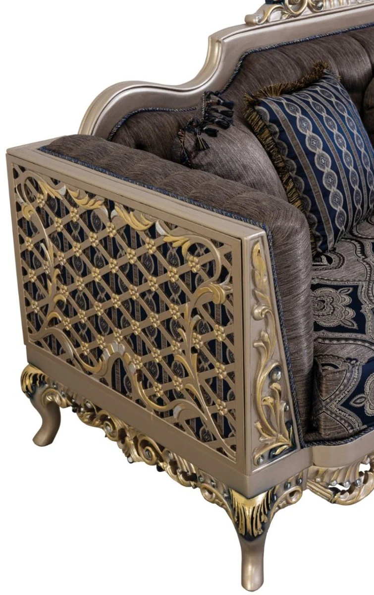 Luxury Baroque Living Room Set Blue / Silver / Gold - 2 Sofas & 2 Armchairs & 1 Coffee Table - Magnificent Baroque Living Room Furniture