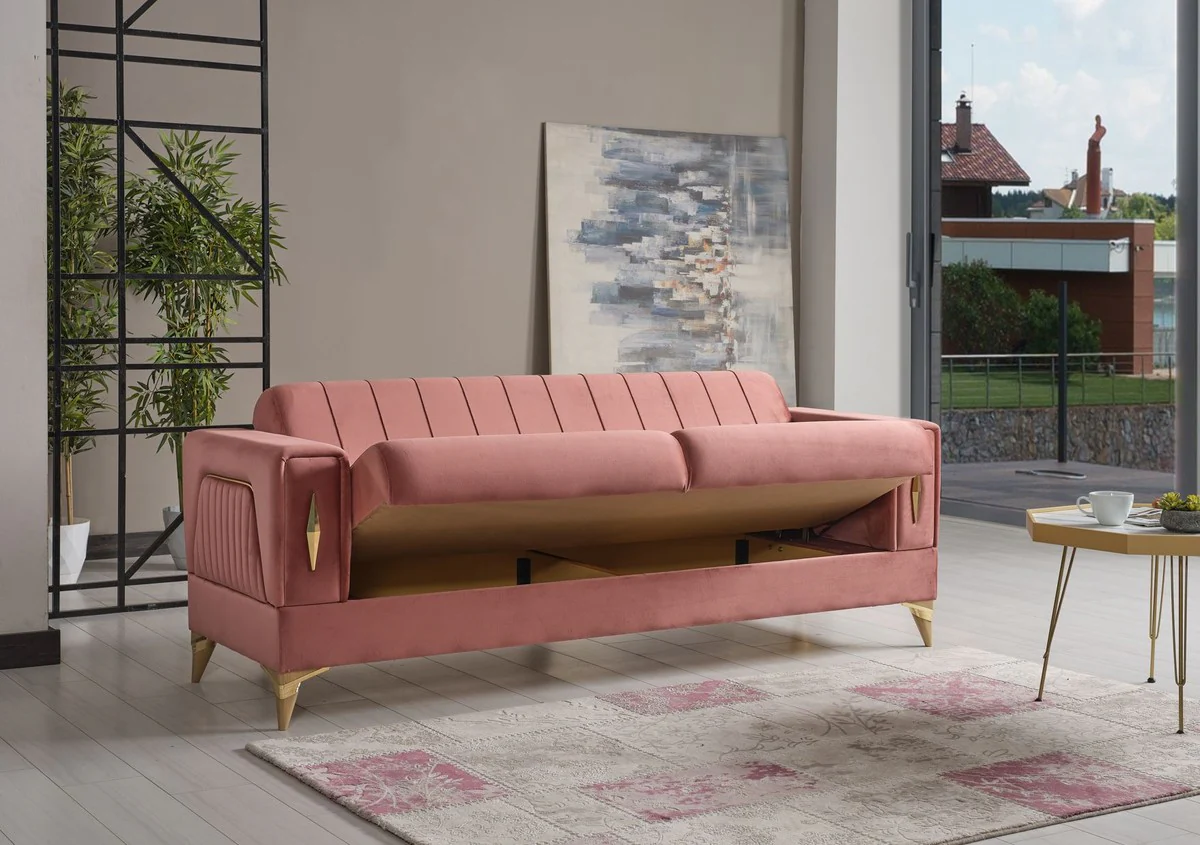 Luxury sofa bed pink / gold 222 x 93 x H. 87 cm - Living room sofa with 5 cushions - Luxury living room furniture