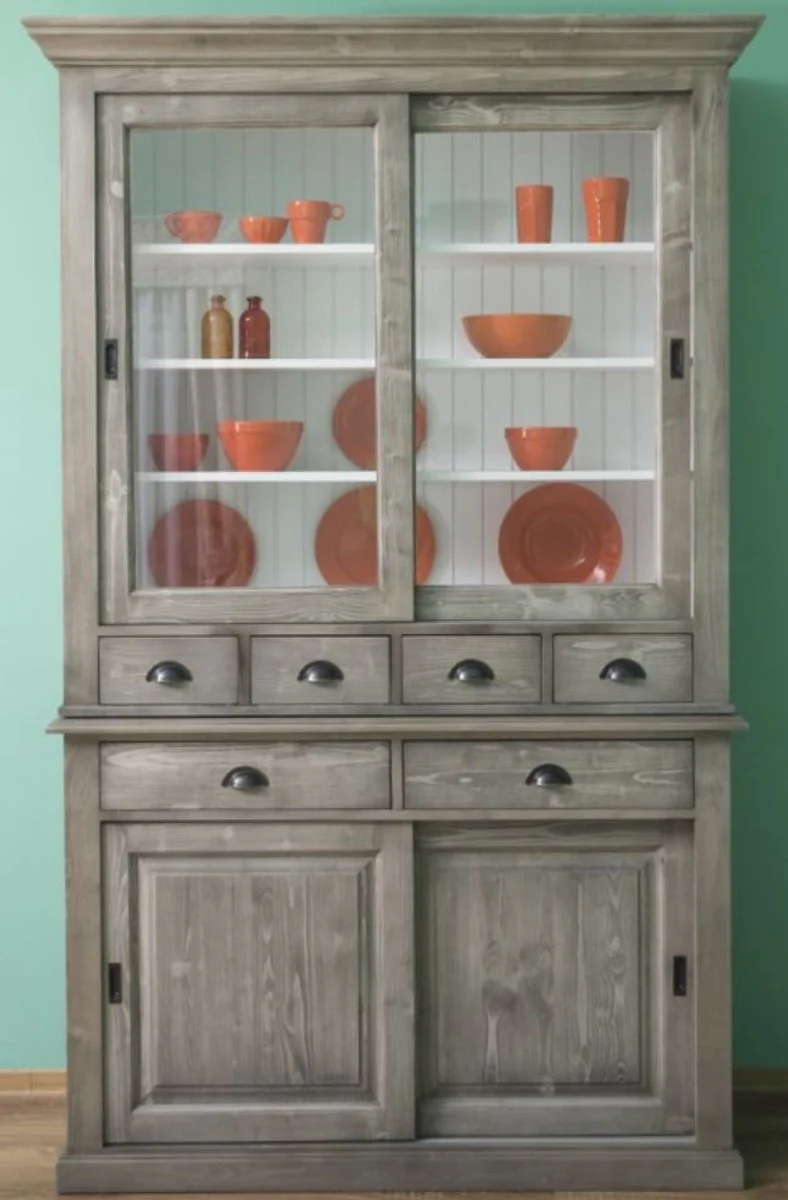 Country house style kitchen cabinet gray / white 142 x 48 x H. 225 cm - 2-part cabinet with 4 sliding doors and 6 drawers - country house style kitchen furniture