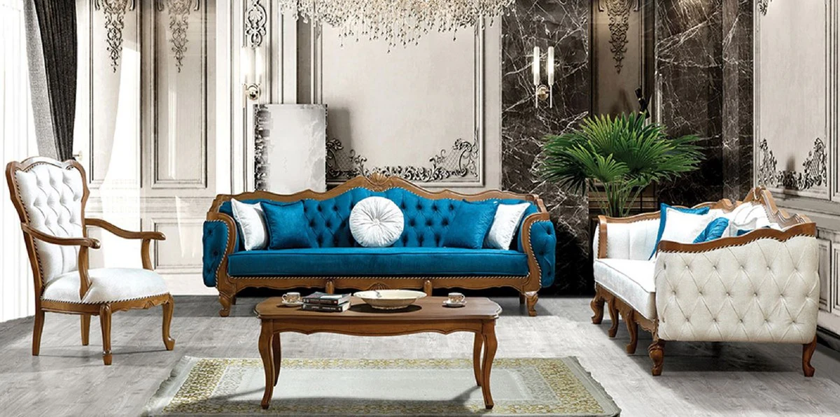 Luxus Barock Wohnzimmer Set Blau / Weiß / Braun - 2 Sofas & 2 Sessel & 1 Couchtisch - Wohnzimmer Möbel im Barockstil - Edel & Prunkvoll