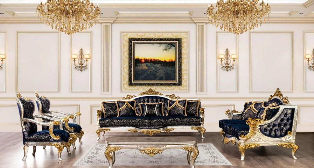 Luxury baroque sofa royal blue / black / silver / gold - magnificent living room sofa with elegant pattern - baroque living room furniture
