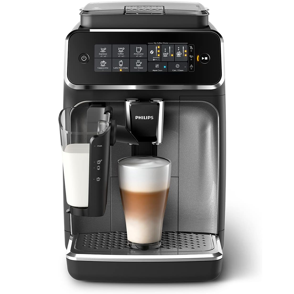 Philips 3200 Serie EP3246 / 70 vollautomatische Kaffeemaschine, 5 Spezialkaffees (LatteGo Milchsystem) schwarz / silber lackiert