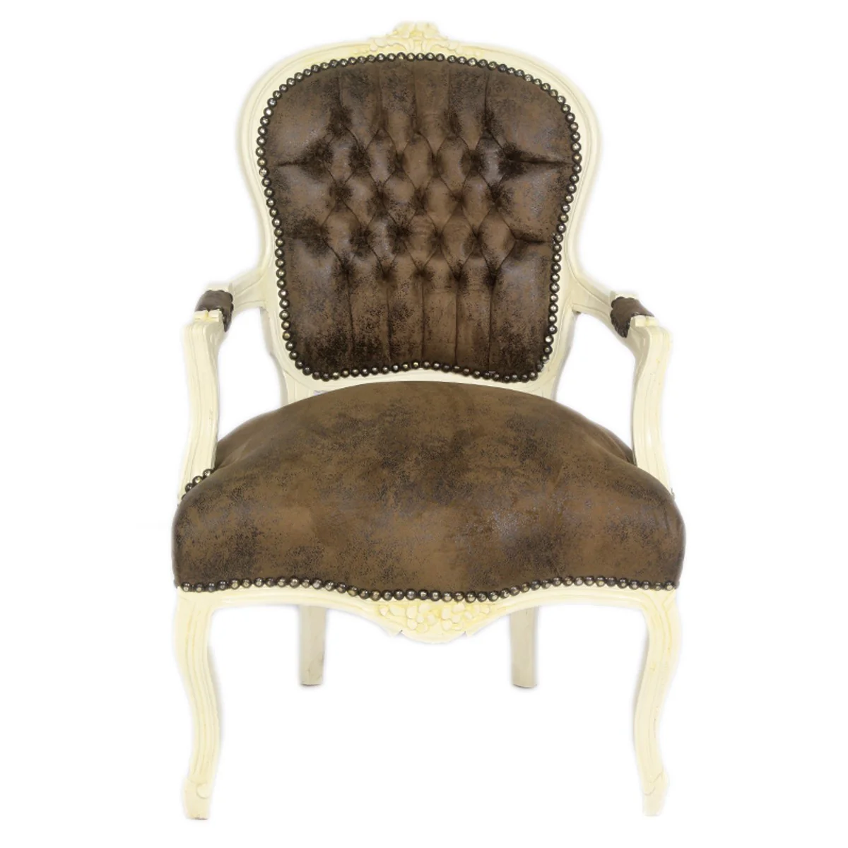 Baroque Salon Chair Brown Leather Look / Cream - Furniture Antique Style