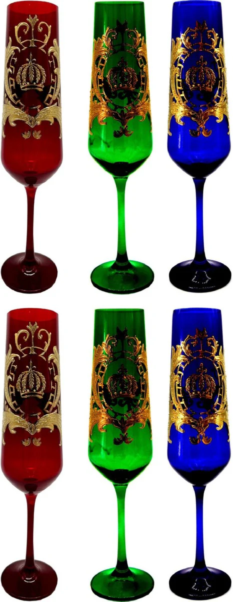 Pompöös by Luxus Champagne glass set Bordeaux red / dark green / royal blue Ø 6 x H. 25 cm - Champagne glasses with 24 carat gold plating - Pompöös glasses designed by Harald Glööckler