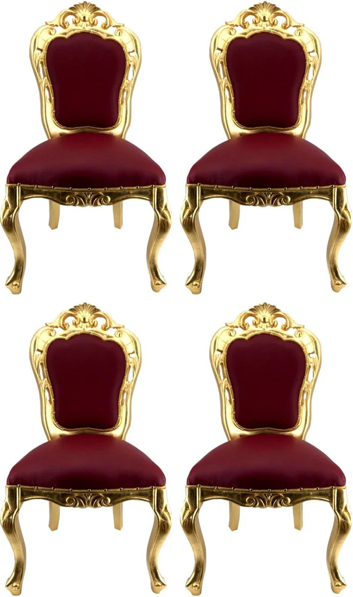 Luxury Baroque dining room chair set Bordeaux red / gold - 4 handmade dining chairs with leather look - Baroque dining room furniture