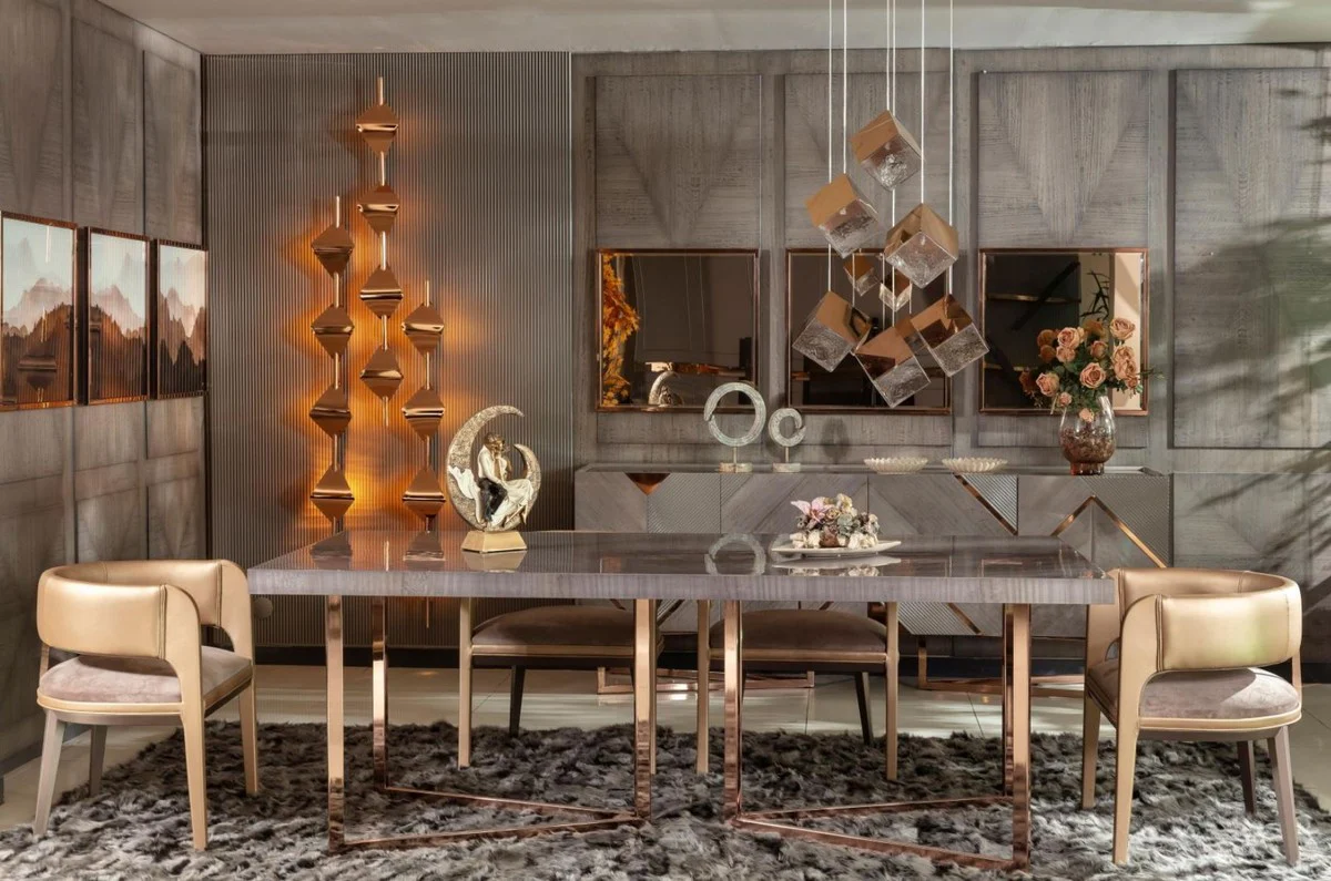 Luxury dining table gray / copper 210 x 100 x H. 75 cm - Rectangular kitchen table with solid wood table top and metal legs - Dining room furniture - Kitchen furniture - Luxury furniture