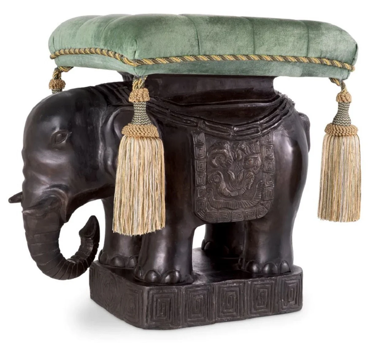 Luxury stool elephant bronze / turquoise / gold 58 x 40 x H. 55 cm - Padded aluminum stool with velvet fabric - Luxury furniture - Luxury quality