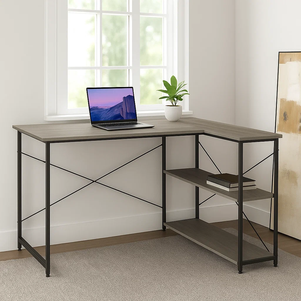L-förmiger Schreibtisch mit 2 Ablagen, Metallgestell und grauer Holzplatte, 120 x 120 x 75 cm - QiDFwIg301aQ