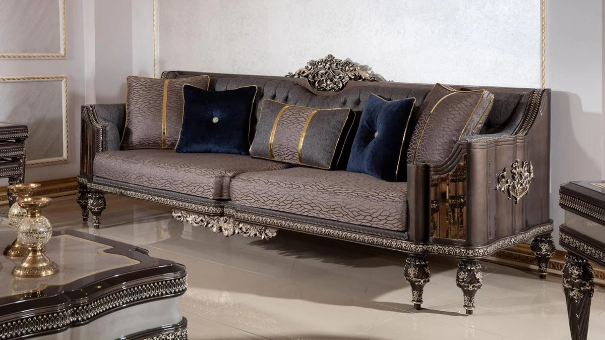 Luxus Barock Wohnzimmer Set Grau / Dunkelbraun / Gold - 2 Sofas & 2 Sessel & 1 Couchtisch & 2 Beistelltische - Handgefertigte Wohnzimmer Möbel im Barockstil - Edel & Prunkvoll