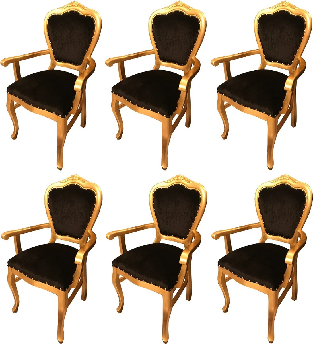 Luxury Baroque dining room set black / gold 60 x 47 x H. 99 cm - 6 handmade dining chairs with armrests - Baroque dining room furniture