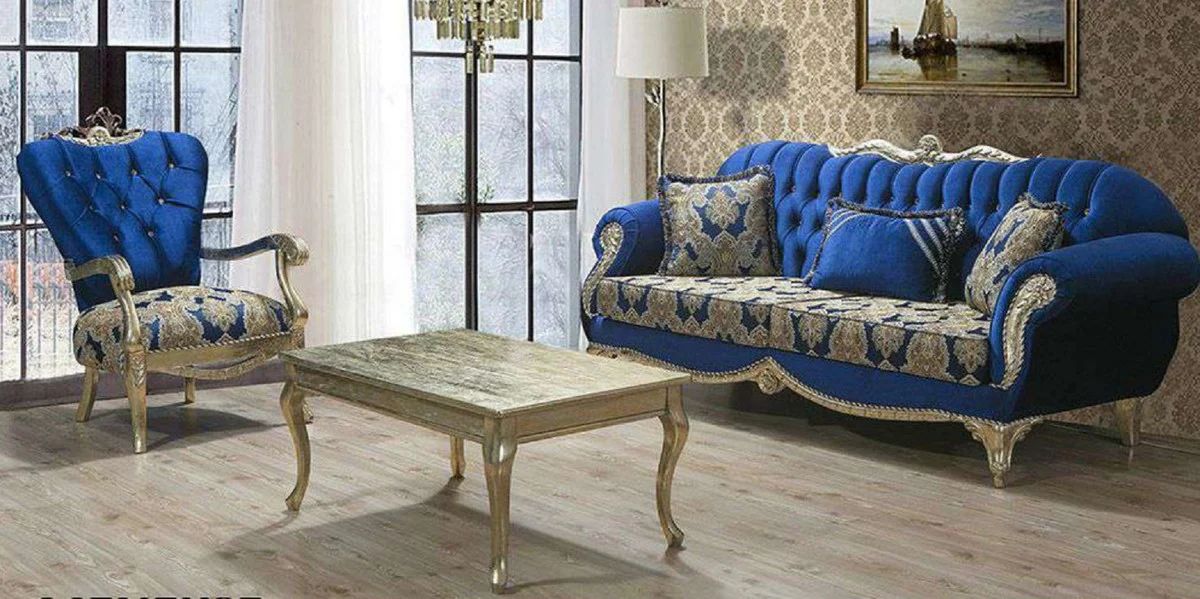 Luxus Barock Wohnzimmer Set Blau / Gold - 2 Sofas mit Muster & 2 Sessel mit Muster & 1 Couchtisch - Prunkvolle Barock Wohnzimmer Möbel