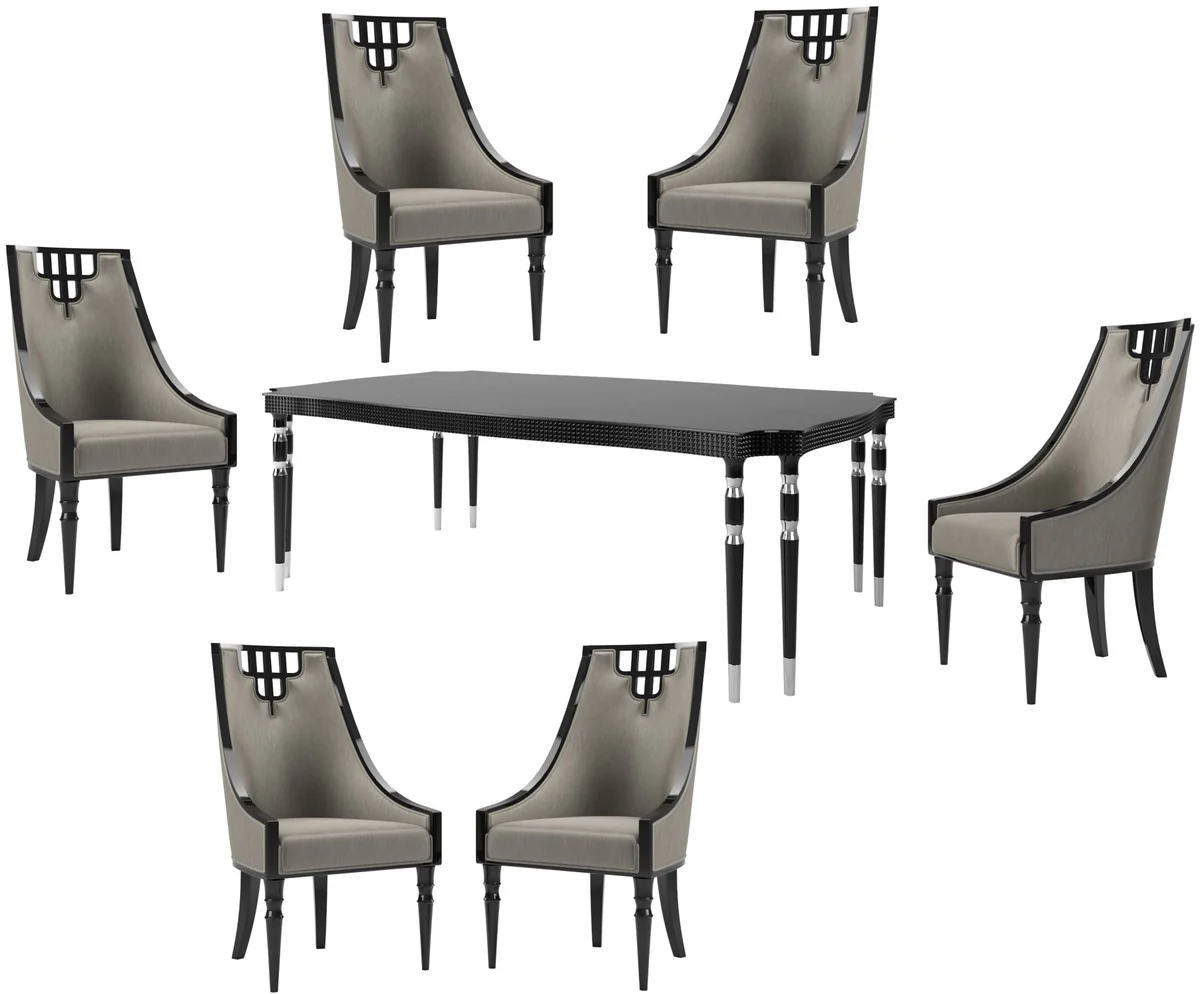 Luxury Art Deco Dining Room Set Gray / Black / Silver - 1 Dining Room Table & 6 Dining Chairs - Art Deco Dining Room Furniture - Luxury Quality
