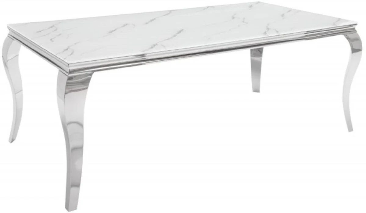 Designer dining table white / gray / silver 200 x 105 x H. 75 cm - Rectangular stainless steel kitchen table with digitally printed safety glass in a marble look - Modern baroque furniture
