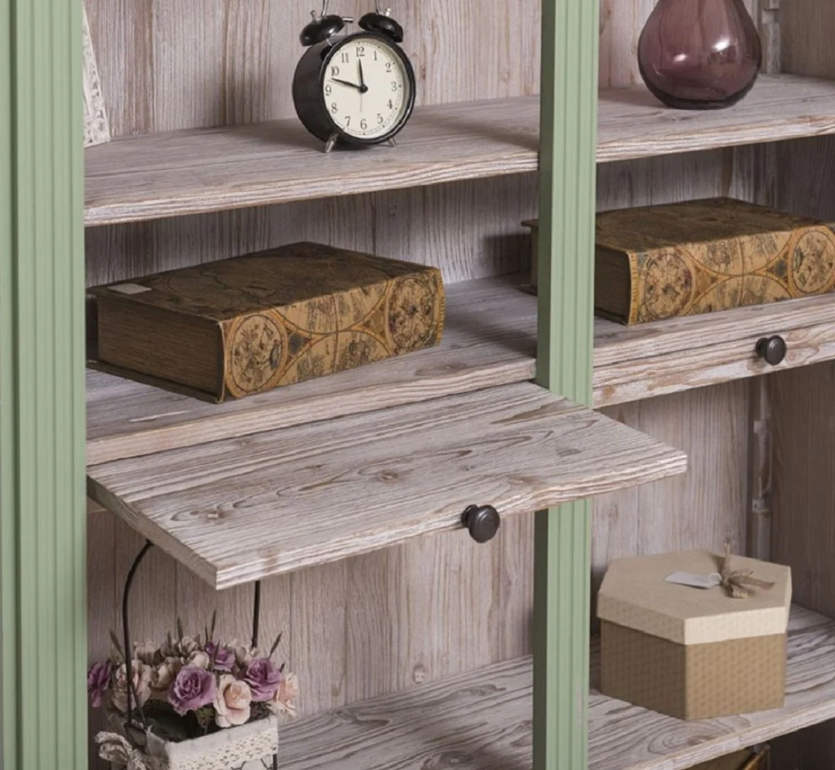 Country house style bookcase green / natural colors 120 x 37 x H. 197 cm - solid wood cabinet - shelf cabinet - living room cabinet - country house style furniture