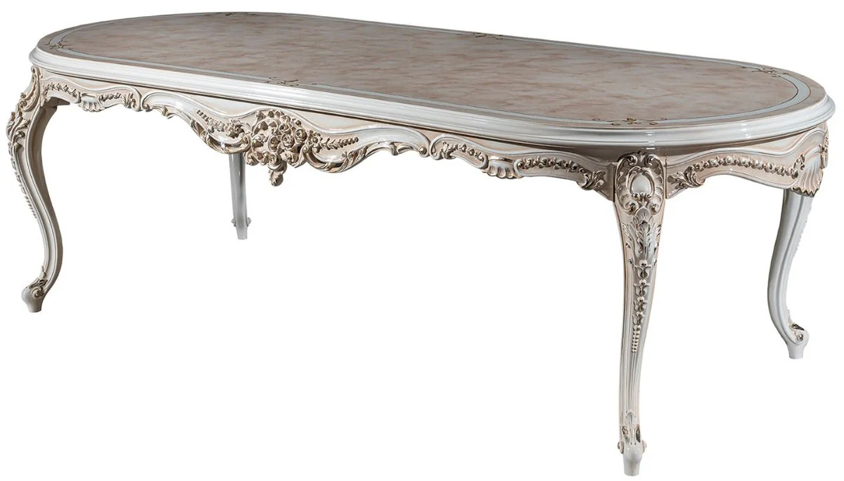 Luxury baroque dining table beige / white / gold 247 x 110 x H. 80 cm - Oval solid wood dining room table - Baroque dining room furniture - Noble & magnificent