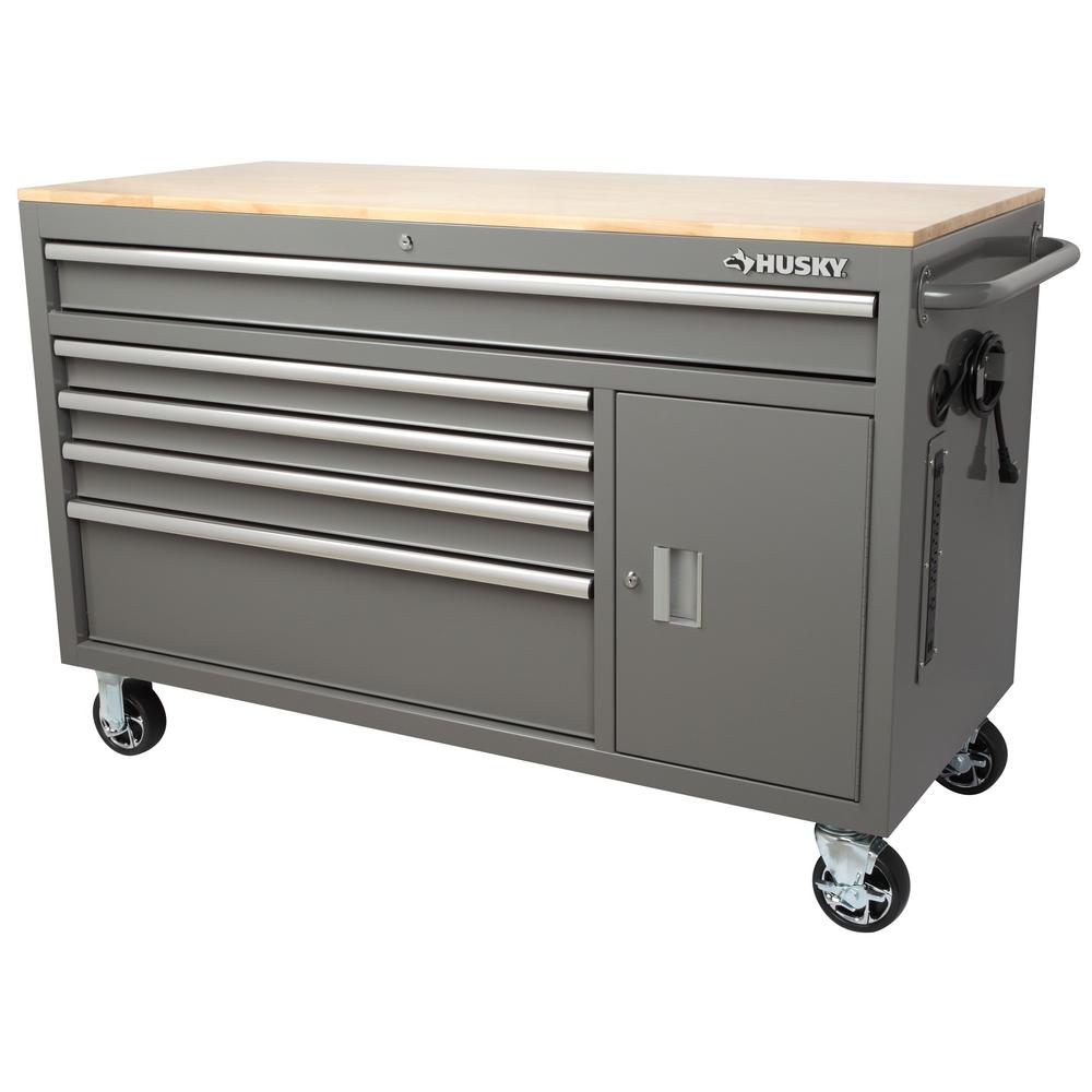 56 IN W 5-DRAWER 1-DOOR, DEEP TOOL CHEST MOBILE WORKBENCH in GLOSS GRAY MIT HARDWOOD TOP