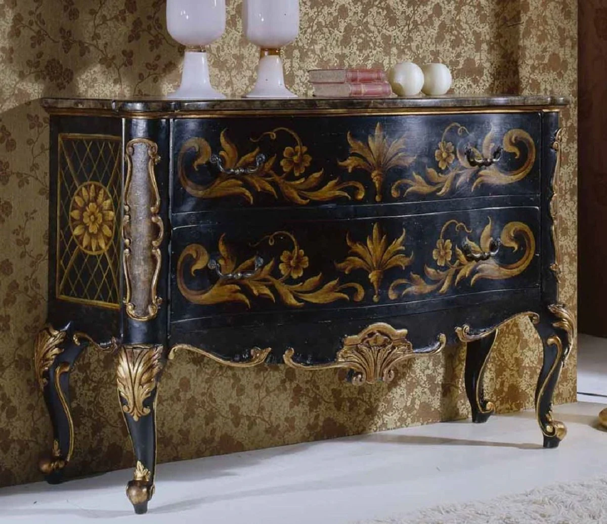 Luxury Baroque chest of drawers dark blue / antique gold - Handmade solid wood chest of drawers with 2 drawers - Baroque style bedroom furniture - Baroque furniture - Luxury quality - Made in Italy