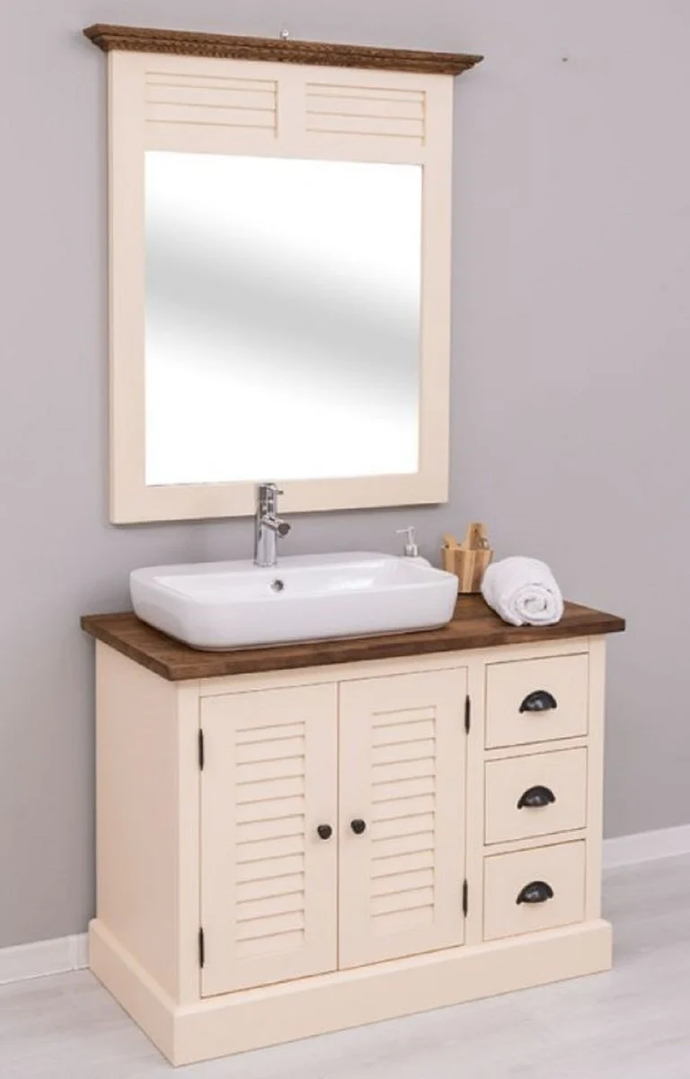 Country house style bathroom set beige / dark brown - 1 country house style washbasin with sink and tap & 1 country house style wall mirror - bathroom furniture in country house style
