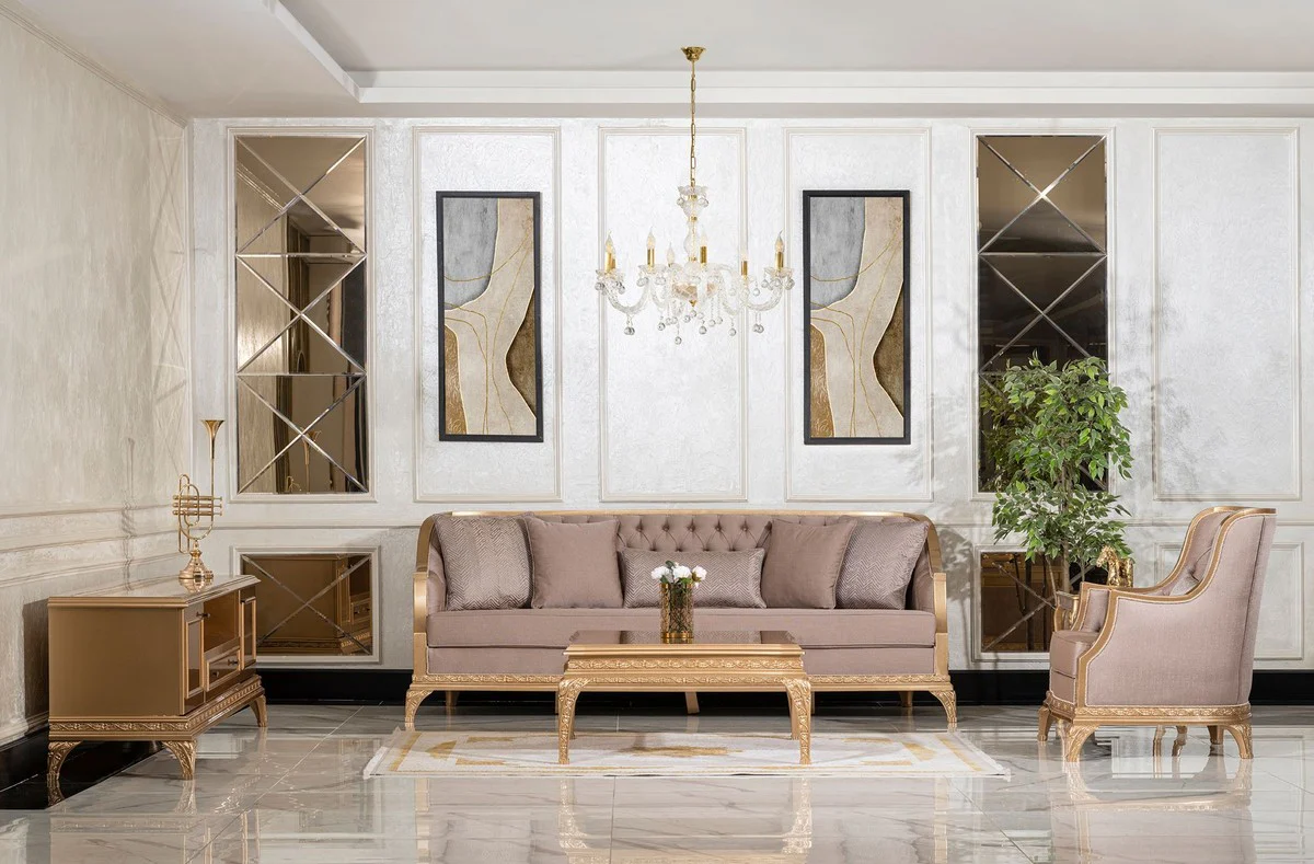 Luxury Baroque Living Room Sofa Brown / Gold - Handmade Baroque Style Sofa with Decorative Pillows - Luxury Living Room Furniture in Baroque Style - Baroque Furniture