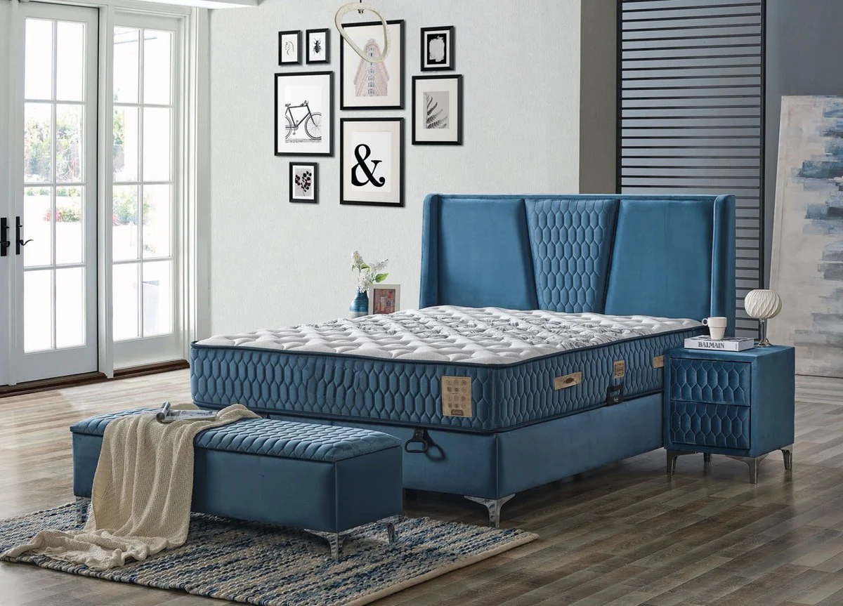 Luxury double bed blue / white / silver 180 x 200 cm - solid wood bed with headboard and mattress - bedroom furniture - hotel furniture - luxury furniture - luxury furnishings
