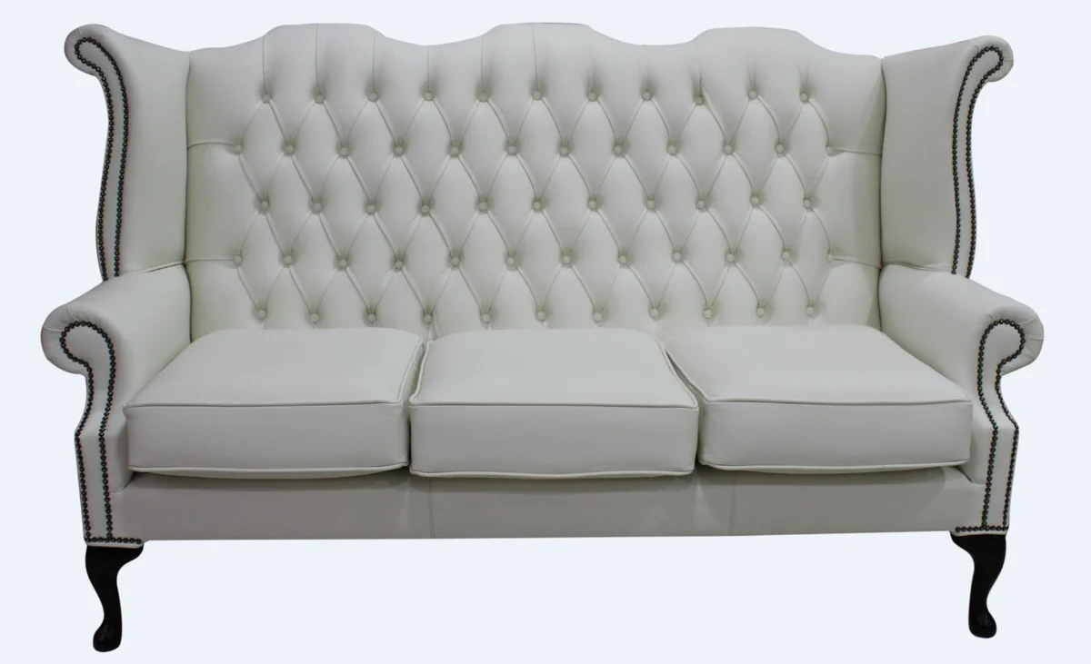 Luxury genuine leather 3-seater sofa white vintage antique look 183 x 90 x H. 105 cm - Chesterfield sofa