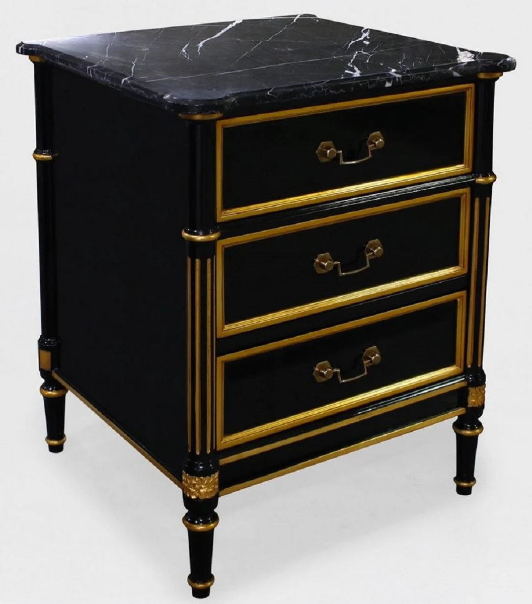 Luxury Baroque night dresser black / gold - Baroque mahogany bedside table with 3 drawers and marble top - Baroque bedroom furniture - Luxury furniture in Baroque style - Noble & magnificent