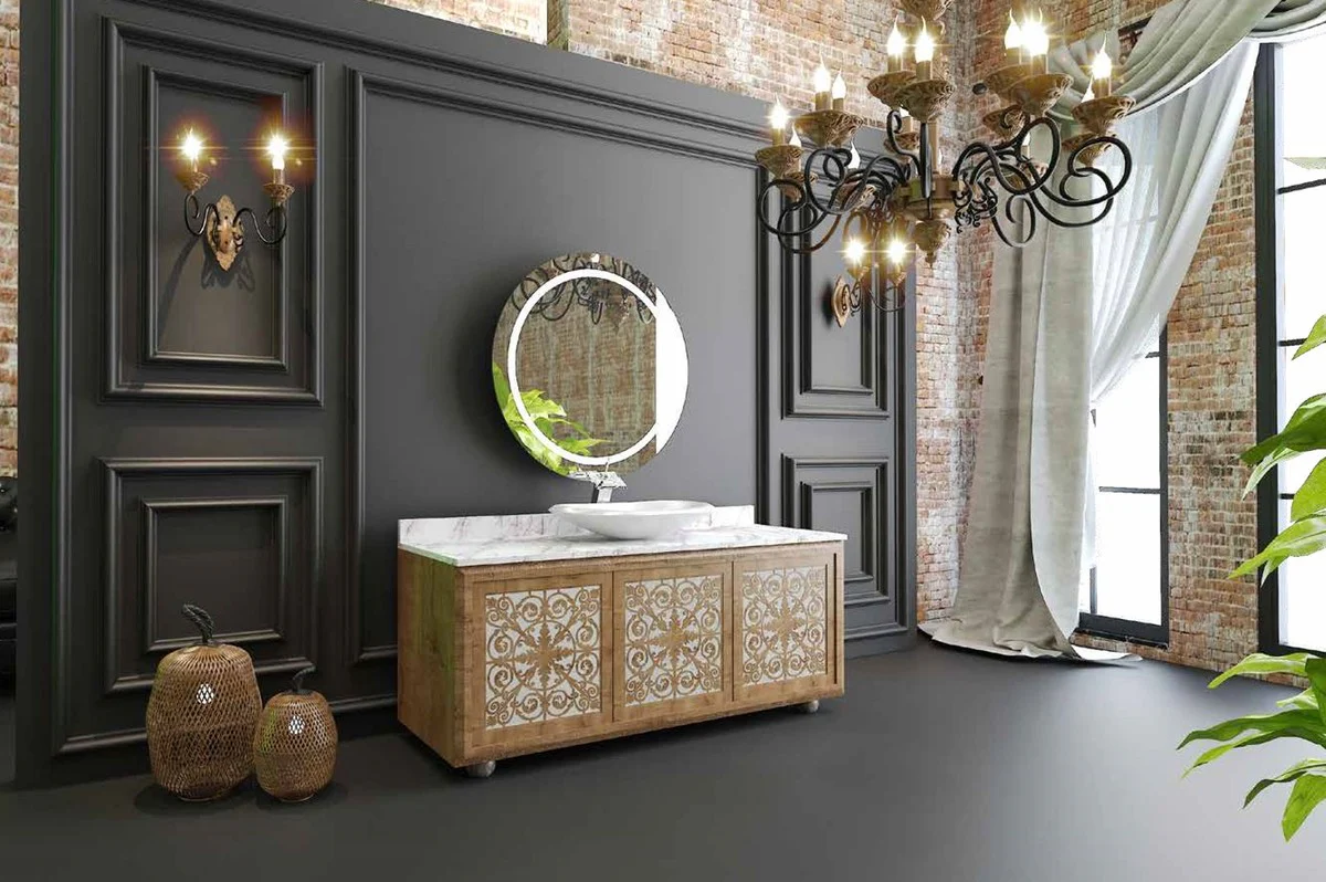 Luxury bathroom set natural colors / white - 1 washbasin with 3 doors and 1 sink and 1 wall mirror - bathroom furniture - luxury quality