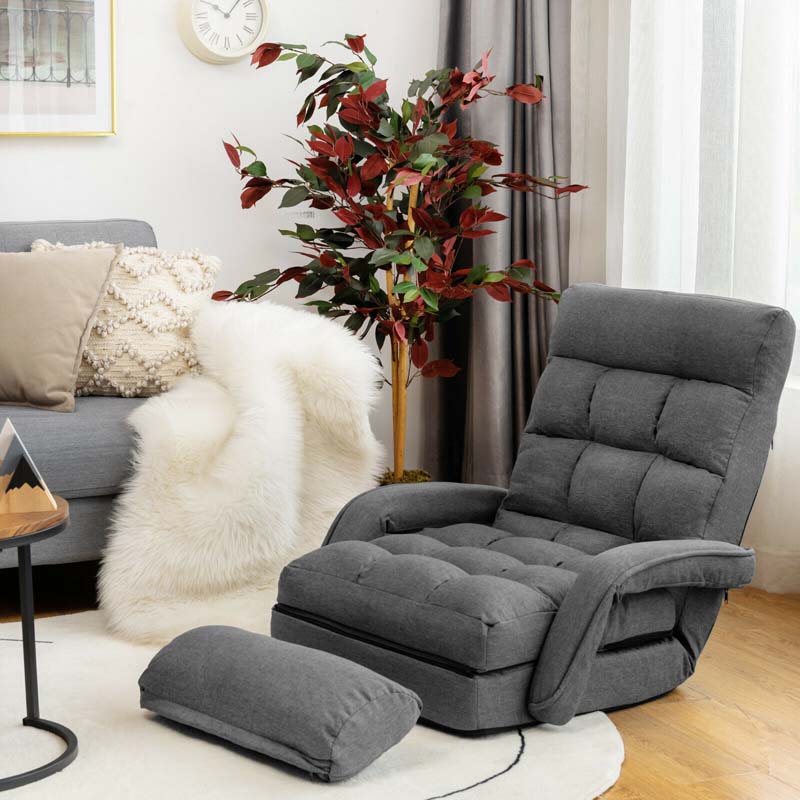 Foldable Massage Floor Chair Recliner, Single Lazy Sofa with Ergonomic Armrest, Adjustable 5 Backrest Position & Detachable Mat