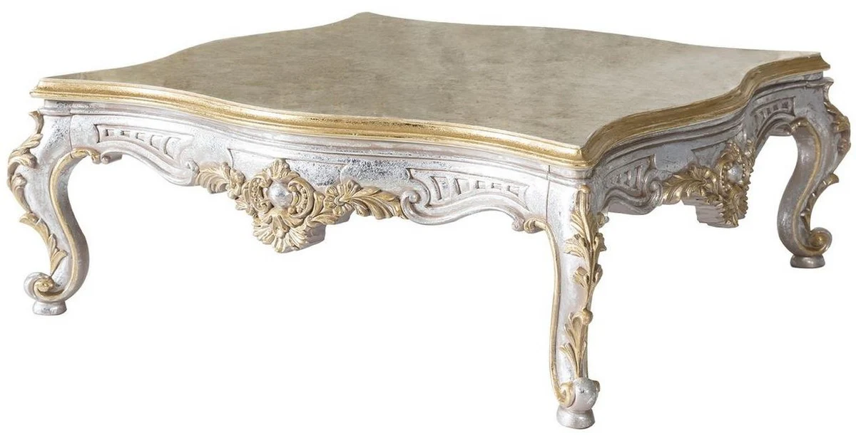 Luxury baroque coffee table gold / silver 125 x 125 x H. 50 cm - solid wood living room table in baroque style - noble and magnificent