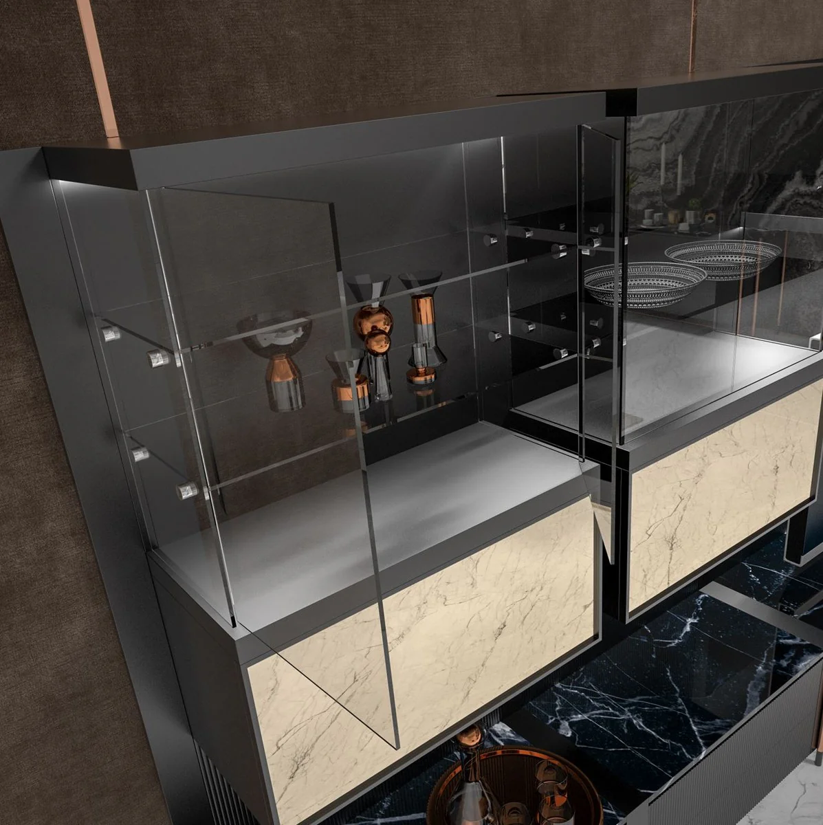 Luxury TV cabinet matt black / black / copper 452 x 47 x H. 202 cm - living room cabinet with LED lighting - living room furniture - hotel furniture - luxury furniture