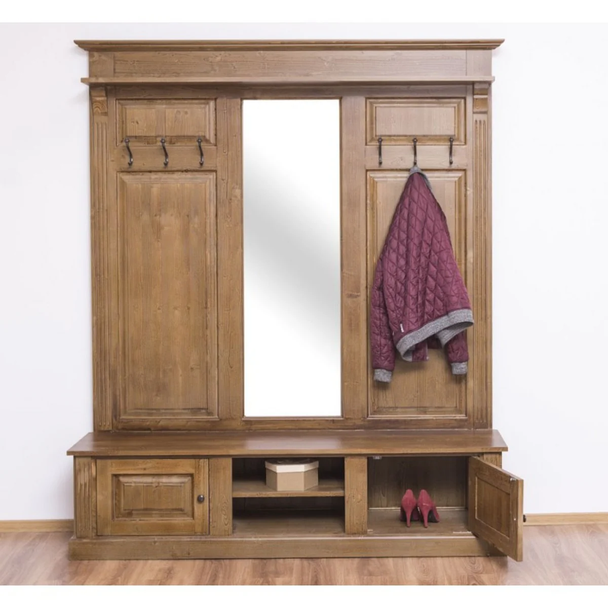 Country house style wardrobe wood colored 180 x 41 x H. 210 cm - solid wood wardrobe with mirror - country house style wardrobe furniture