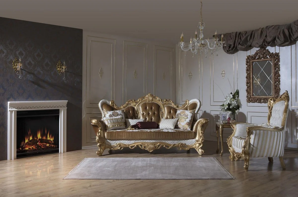 Luxury Baroque Living Room Set Gold / White / Gray / Gold - 2 Sofas & 2 Armchairs & 1 Coffee Table - Baroque Living Room Furniture - Noble & Magnificent