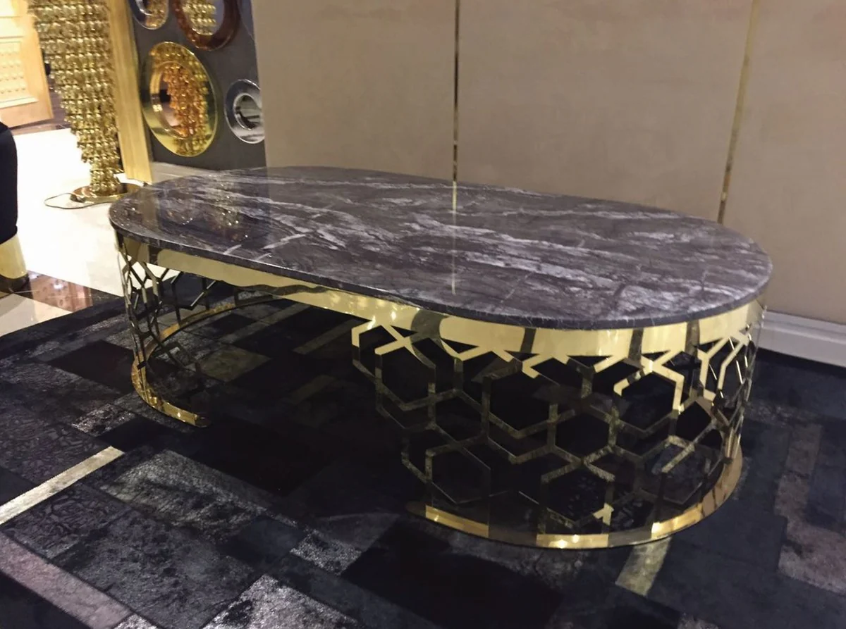 Luxury coffee table with artificial marble table top grey-black / gold 140 cm