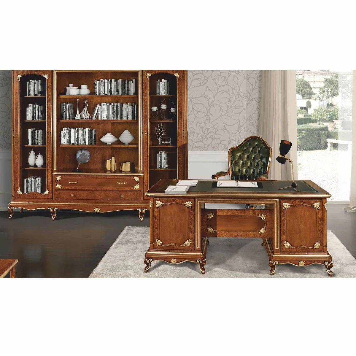 Luxury Baroque Chesterfield Leather Desk Chair Green / Brown / Gold - Made in Italy