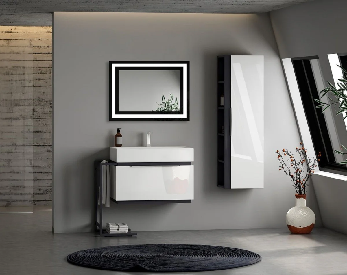 Luxury bathroom mirror black 80 x 2.8 x H. 60 cm - Rectangular wall mirror with LED lighting - Bathroom furniture - Bathroom accessories - Luxury furniture