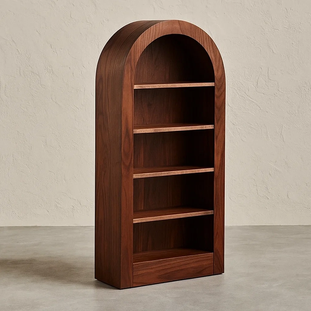 Offenes Bücherregal mit Bogenform, 5 Regalböden, MDF mit Holzfurnier, dunkelwalnussfarben, Montage erforderlich, für den Innenbereich, 75 x 30 x 150 cm - iTbsM8uJnMCK