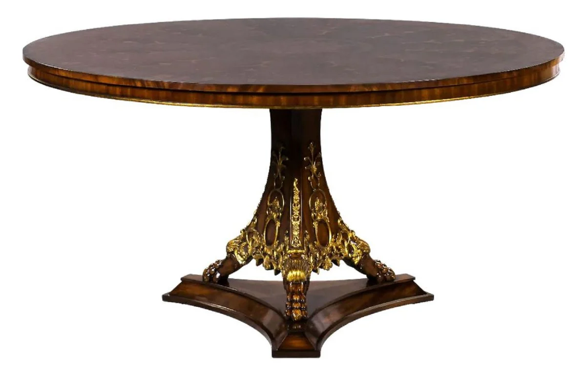 Luxury baroque dining table dark brown inlaid / gold Ø 135 cm - Round baroque style solid wood kitchen table - Luxury dining room furniture in baroque style - Baroque dining room furniture