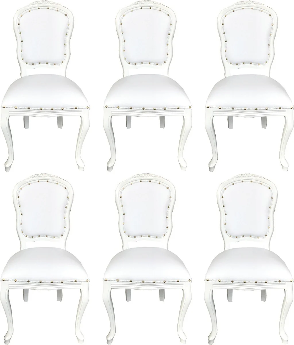 Luxury Baroque dining room set white / white 55 x 54 x H. 103 cm - 6 handmade dining chairs with faux leather - Baroque dining room furniture