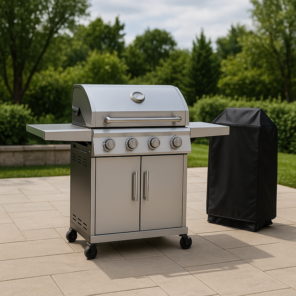 Silberner rechteckiger Gasgrill für den Außenbereich 120x55x135 cm muKPLGb359vj
