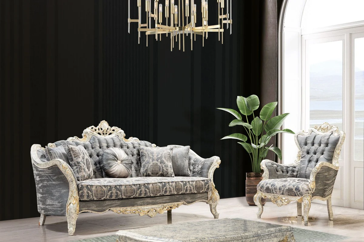 Luxury baroque sofa gray / antique white / gold - baroque style living room sofa with elegant pattern - luxury living room furniture in baroque style - baroque furniture - baroque furnishings